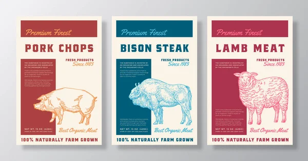 Premium Finest Meat Vector Packaging Produktetikettendesign Kollektion Retro Typografie und handgezeichnete Schweine, Schafe und Büffel Skizzen Silhouetten Hintergrundlayouts Set — Stockvektor
