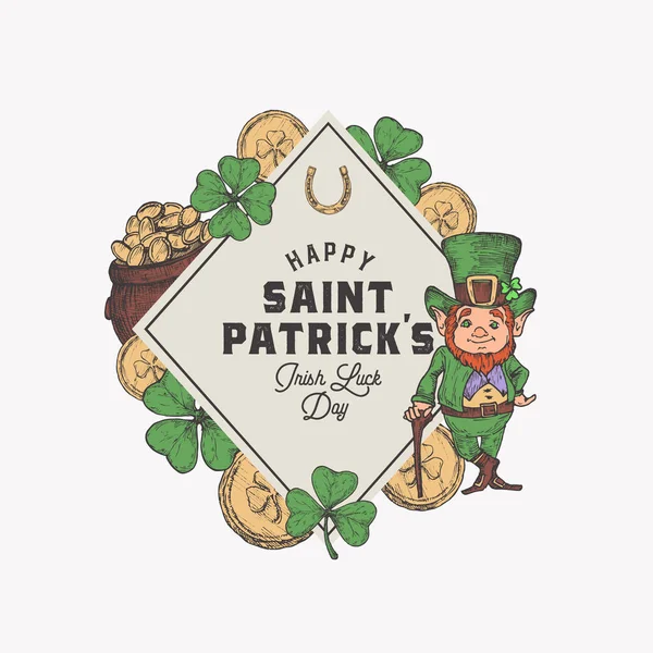 Modèle d'étiquette de cadre Saint Patricks Day. Leprechaun dessiné à la main, pot de pièces d'or et feuille de Shamrock Croquis Symboles Carte avec typographie rétro isolé — Image vectorielle