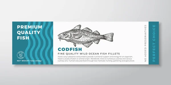 Premium Quality Codfish Vector Packaging Label Design. Typographie moderne et poisson dessiné à la main Silhouette Fruits de mer Description du produit — Image vectorielle