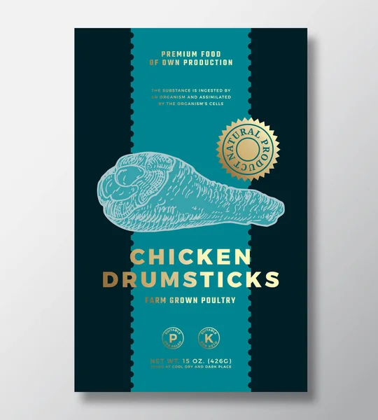 Farm Grown Chicken Drumsticks Abstract Vector Packaging Label Design Template. Banner tipografico moderno, silhouette disegnata a mano. Colore Carta sfondo Layout con lamina d'oro isolato — Vettoriale Stock