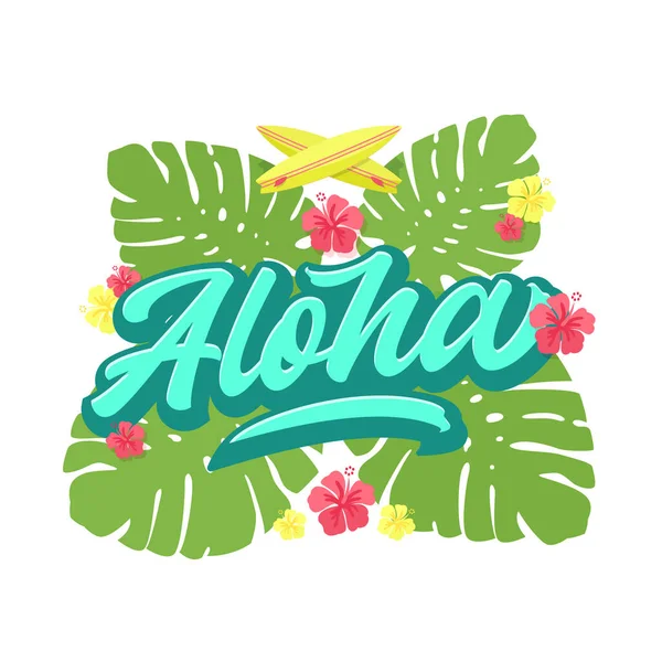 Aloha strand belettering. Havaiian zomer tropisch teken, label, kaart template. Monstera palm bladeren, hibiscus en surfplanken platte stijl decoratieve illustratie geïsoleerd — Stockvector