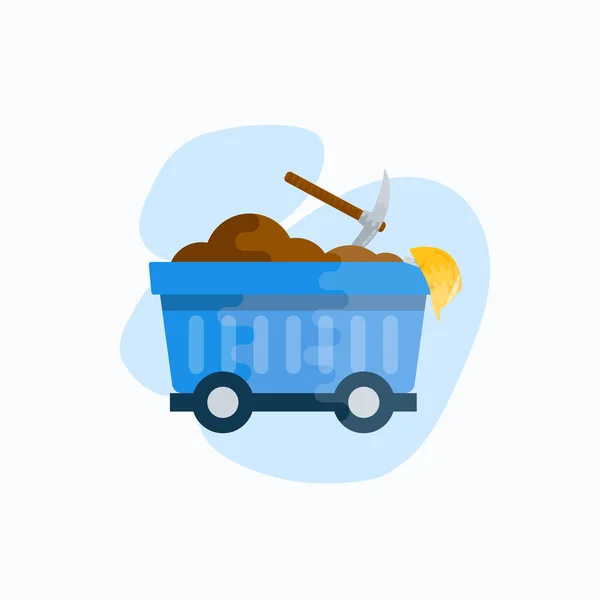 Mining vector icon. Flat style cart with ore rocks, pickaxe and yellow hardhat helmet Isolated — Stock Vector