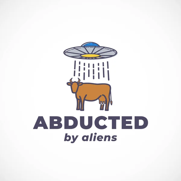 Abducted by Aliens Abstract Vector Sign, Symbol, Logo Template. Outline UFO and Cow Silhouette with Modern Typography. Science Fiction Fantastic Character Emblem Isolated — Stock Vector