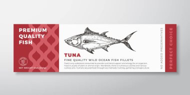 Premium Kaliteli Ton Balığı Vektör Etiket Tasarımı Modern Tipografi ve El Yazması Balık Silueti Deniz Ürünleri Ürünleri Arkaplan Düzeni