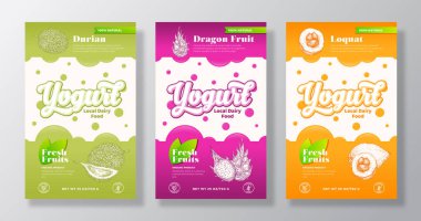 Meyve ve Böğürtlen Etiketi Şablonu Ayarlandı. Soyut Vektör Süt Ürünleri Tasarım Düzenleme Koleksiyonu. El Yazması Durian, Pitaya ve Loquat Taslaklarıyla Modern Afiş İzole Edildi