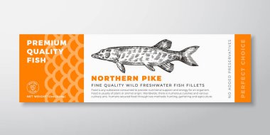 Premium Kaliteli Kuzey Pike Vector Paketleme Etiketi Modern Typography and Hand Drawn Freshwater Fish Siluet Deniz Ürünleri Arkaplan Düzeni