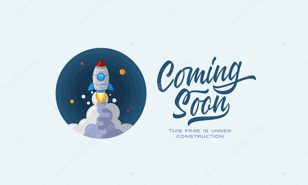 Coming soon lettering with flat style rocket in space sign web template. Page under construction website vector colorful banner background Isolated