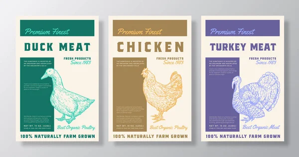 Premium Finest Poultry Meat Vector Packaging Product Label Design Collection Retro Typography and Hand Drawn Duck, Chicken, Turkey Sketch Silhouettes Background Layouts Set — Stock Vector