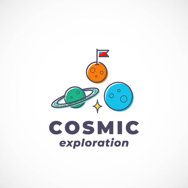 Cosmic Exploration Abstract Vector Sign, Symbol, Logo Template. Outline Space Planets Silhouette with Modern Typography. Science Fiction Fantastic Emblem Isolated