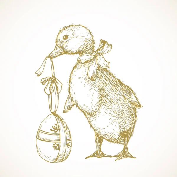 Mão desenhado bonito páscoa patinho vetor ilustração. Little Duck segurando ovo de chocolate com fita esboço abstrato. Primavera férias gravura estilo desenho isolado —  Vetores de Stock