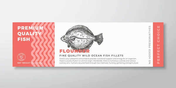 Wysokiej jakości Flatfish Vector Packaging Projektowanie etykiet Nowoczesna Typografia i ręcznie rysowane Flounder Fish Silhouette Owoce morza Konstrukcja produktu — Wektor stockowy