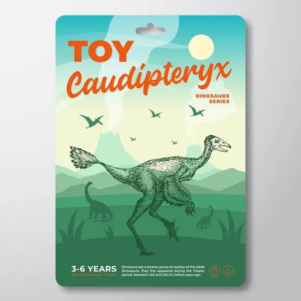 Шаблон етикетки іграшок Dinosaur. Абстрактний векторний дизайн упаковки. Сучасна типографія з доісторичним вулканічним ландшафтом та ручним намальованим фоном Caudipteryx ізольовано — стоковий вектор