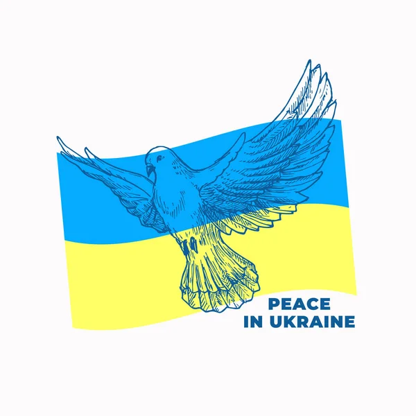 Pokój na Ukrainie Ilustracja. Ukraińska flaga z ręcznie rysowane Gołąb Ptak pokojowy symbol, znak, odznaka, etykieta tmplate. Módlcie się za Ukrainę, pomóżcie, powstrzymajcie druk odzieży wojennej. Social Media Sticker izolowane — Wektor stockowy