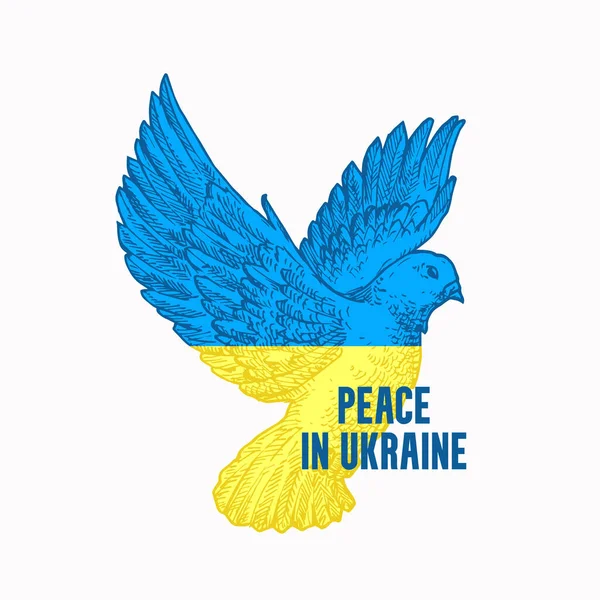 Pokój na Ukrainie Ilustracja. Ukraińska flaga w ręku narysowany gołąb Ptak pokojowy symbol, znak, odznaka, tabliczka znamionowa. Módlcie się za Ukrainę, pomóżcie, powstrzymajcie druk odzieży wojennej. Social Media Sticker izolowane — Wektor stockowy