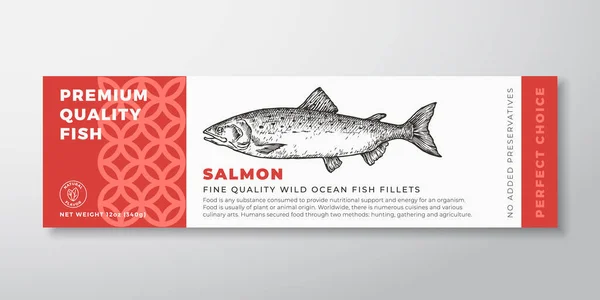 Premium-Qualität Lachs Vektor Verpackung Label Design Moderne Typografie und handgezeichnete Fisch Silhouette Meeresfrüchte Produkt-Hintergrund-Layout — Stockvektor
