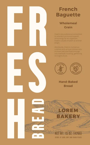 Nybakat bröd Abstrakt vektorförpackningsetikett. Modern typografi Banner, handritade franska Baguette limpa skiss siluett färg papper bakgrund layout. Isolerad — Stock vektor