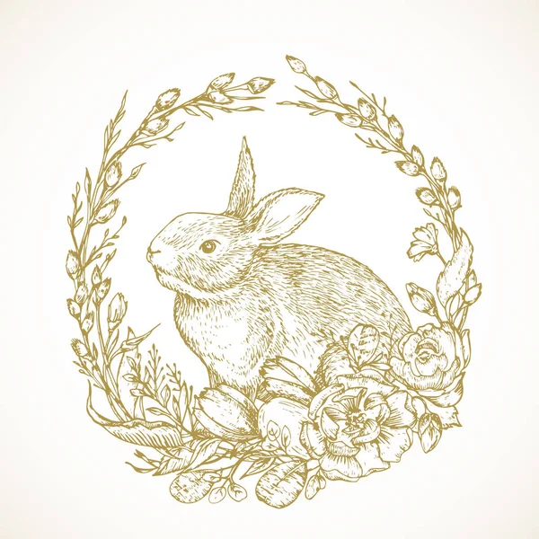 Ręcznie rysowane Cute Easter Bunny w kwiatach Wireath Wektor Ilustracja. Mały królik w gałązkach wierzby oprawiający szkic abstrakcyjny. Wiosna Wakacje rysunek stylu grawerowania. Izolacja — Wektor stockowy