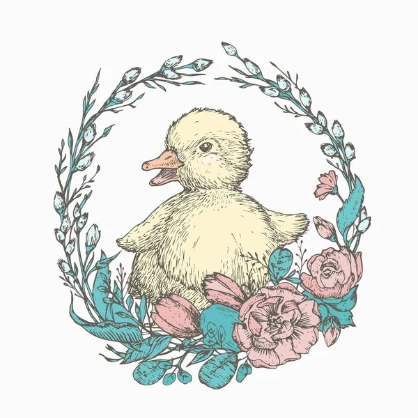 Carino disegnato a mano Pasqua anatroccolo in una corona di fiori vettoriale illustrazione. Little Duck in a Willow Twigs Frame Abstract Sketch. Primavera vacanza incisione stile disegno isolato — Vettoriale Stock