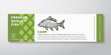 Premium Kaliteli Ayna Sazan Vektör Paketleme Etiketi Modern Tipografi ve El Yazması Tatlı Su Balığı Silueti Deniz Ürünleri Arkaplan Düzeni