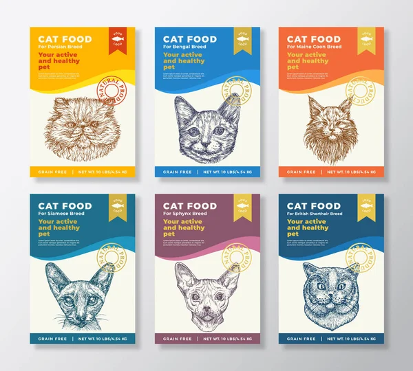 Templat Label Produk Makanan Kucing Ditata. Koleksi Tata Letak Desain Vektor. Typography Banners with Hand Drawn Domestic Pet Cats Breeds Faces Illustrations Backgrounds (dalam bahasa Inggris). Terisolasi - Stok Vektor