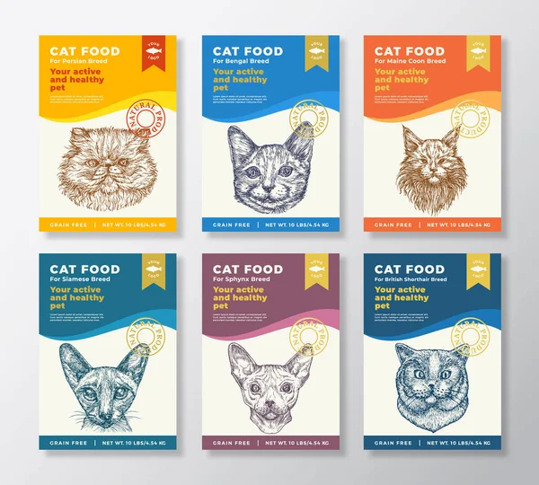 Ensemble de gabarits d'étiquettes pour produits alimentaires pour chats. Conception d'emballage vectoriel Layouts Collection. Typographie Bannières avec chat domestique dessiné à la main Reproduction Visages Illustrations Fond. Isolé — Image vectorielle