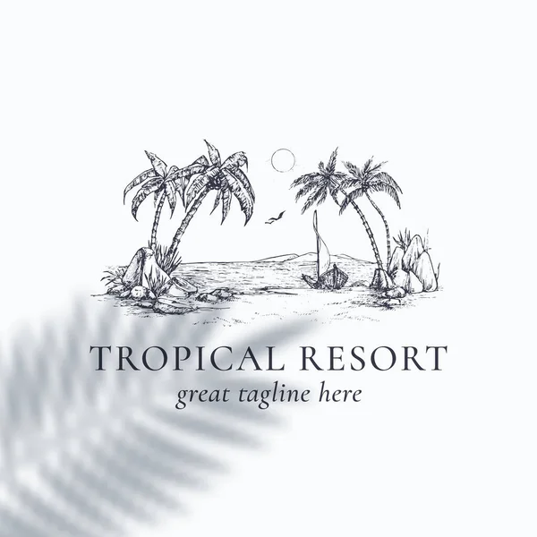 Palm Trees Tropical Resort View Badge oder Logo Template Handgezeichneter Strand mit Palmen und Boot Skizze mit Typografie. Premium-Naturwappen isoliert — Stockvektor