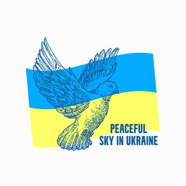 Ukrayna 'da barış. Elle çizilmiş güvercin barış sembolü, işaret, rozet, etiket tmplakası olan Ukrayna bayrağı. Ukrayna için dua et, yardım et, savaş giysisinin amblemini durdur. Sosyal Medya Yapıştırıcısı İzole Edildi