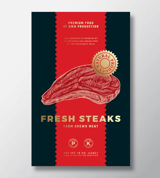 Farm Grown Steak Abstract Vector Packaging Label Design Template. Moderní Typografie Banner, ručně kreslené Maso Skica Silueta. Rozvržení pozadí barevného papíru s izolovanou zlatou fólií — Stockový vektor