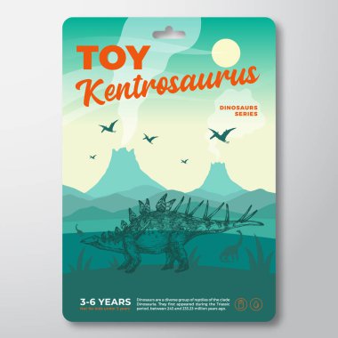 Oyuncak Dinozor Etiketi Şablonu. Soyut Vektör Paketleme Tasarımı Düzeni. Tarih öncesi Volkan Manzarası ve El Çizimi Kentrosaurus Arkaplanı ile Modern Typography izole edildi