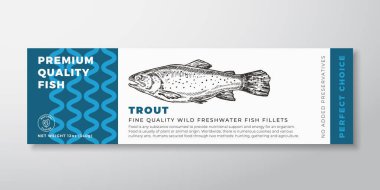 Kaliteli Kaliteli Alabalık Vektör Etiket Tasarımı Modern Tipografi ve El Yazması Balık Silueti Deniz Ürünleri Ürünleri Arkaplan Düzeni