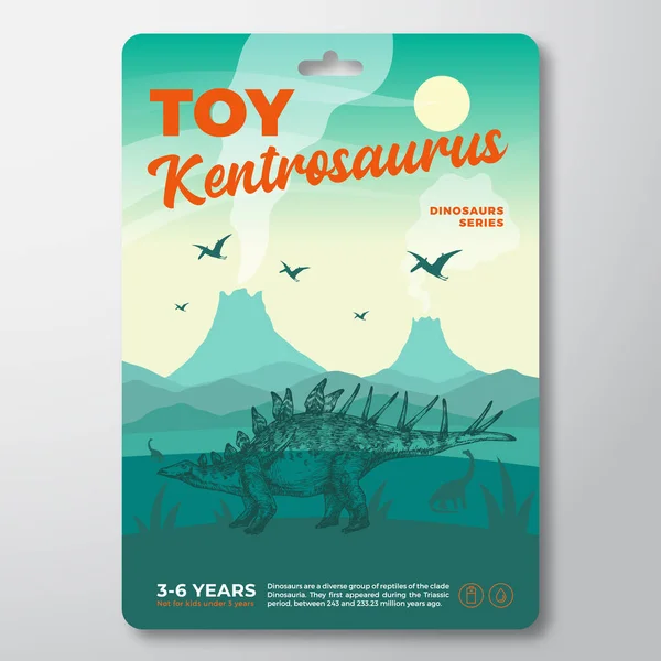 おもちゃ恐竜のラベルテンプレート。概要ベクトルパッケージデザインレイアウト。先史時代の火山の風景と手描きのケントロサウルスの背景が孤立した現代のタイポグラフィ — ストックベクタ