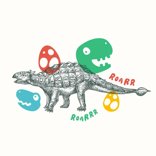 先史時代の恐竜の概要記号、記号またはカードテンプレート。面白いフラットスタイルイラストで手描きAnkylosaurus Reptile 。可愛いベクトルTシャツプリントまたはエンブレムコンセプト絶縁 — ストックベクタ