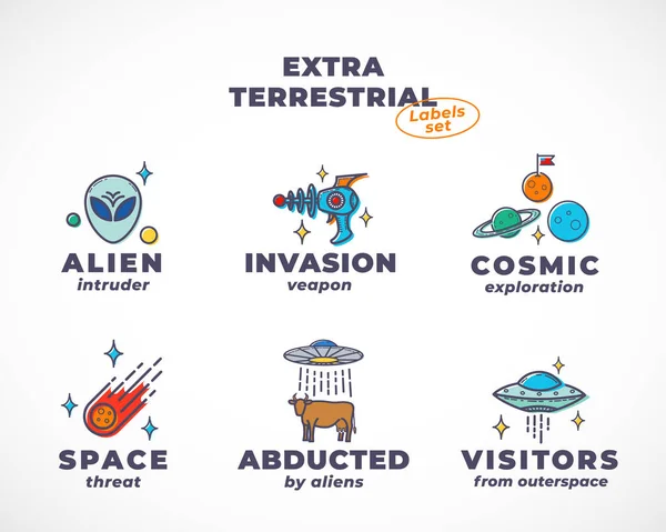 Extra Terrestrial Abstract Vector Signs, Symbols, Logo Templates Collection. Outline Aliens UFO and Space Invaders with Modern Typography. Science Fiction Fantastic Character Emblems Set Isolated — Stock Vector