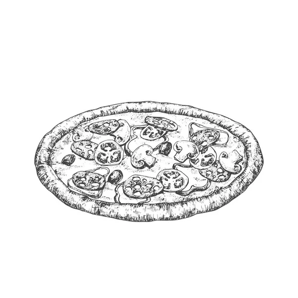 Celá pizza se salámovými rajčaty a houbami. Ručně kreslené náčrtek potravin Vektorové ilustrace. Přírodní italská kuchyně Doodle Izolované — Stockový vektor