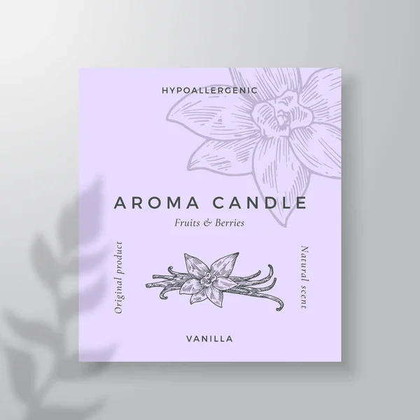 Plantilla de etiqueta de vector de vela de aroma. El aroma a especias de vainilla del diseño de anuncios de proveedores locales. Tinta estilo bosquejo flor fondo diseño decoración olor natural producto paquete texto espacio — Archivo Imágenes Vectoriales