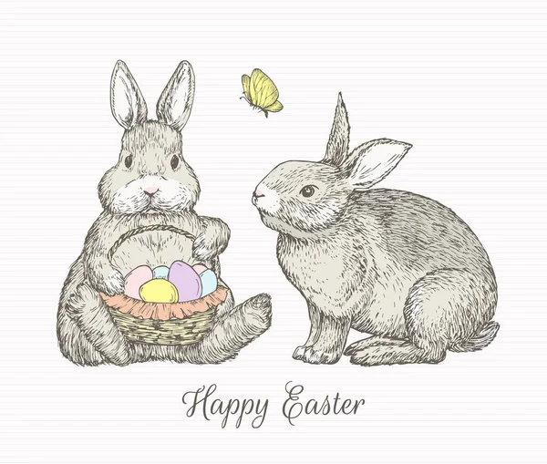手描きかわいいイースターご挨拶バニーと蝶ベクトルイラスト。小さなウサギは卵の抽象的なスケッチでいっぱいバスケットを保持.春休み彫刻スタイルの図面孤立 — ストックベクタ
