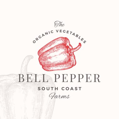 Bell Pepper Rozet Logo Şablonu. Retro tipografili El Çizimi Sebze Eskizi. Premium Plant tabanlı vejetaryen gıda amblemi izole edildi