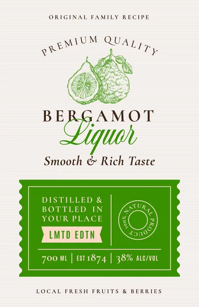 Οικογενειακή συνταγή Bergamot ποτό ετικέτα αλκοόλ. Αφηρημένη διάταξη σχεδιασμού συσκευασίας διάνυσμα. Μοντέρνο Typography Banner με ζωγραφισμένα στο χέρι φρούτα με μια φέτα Silhouette λογότυπο και το φόντο απομονωμένο — Διανυσματικό Αρχείο