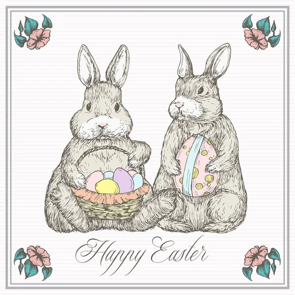 手描きでイースターグリーティングカードかわいいバニーベクトルイラスト。小さなウサギは卵の抽象的なスケッチでいっぱいバスケットを保持.春休み彫刻スタイルドローイング背景孤立 — ストックベクタ