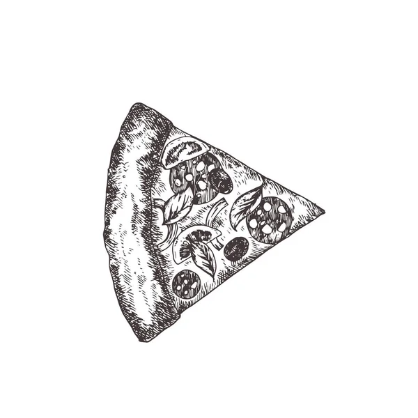 Pizza Piece med Salami Pølse. "Hånd tegnet skisse matvektorillustrasjon". Naturlig italiensk kjøkken Doodle Isolert – stockvektor