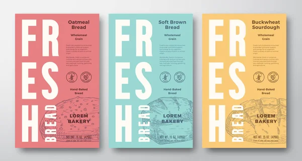 Fresh Baked Bread Abstract Vector Packaging Design Labels Collection. Modern typografi banderoller, handritade brödlimpa skiss silhuetter Set. Färg papper bakgrund layouter. Isolerad — Stock vektor