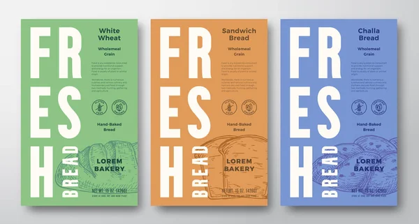 Frisch gebackenes Brot Abstrakt Vector Packaging Design Labels Collection. Moderne Typografie-Banner, handgezeichnete Brotlaibe und Skizzen-Silhouetten-Set. Farbpapier Hintergrund Layouts isoliert — Stockvektor