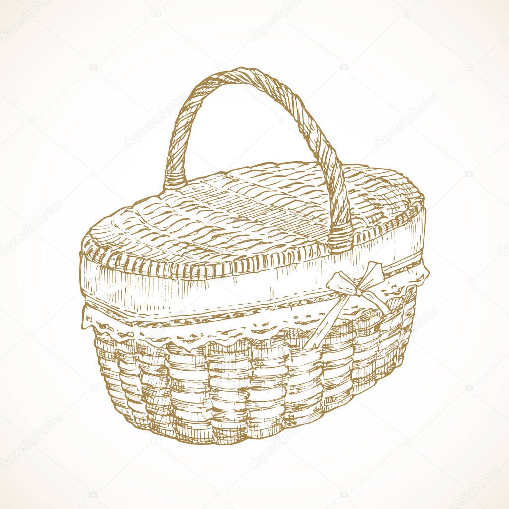 Cottagecore food basket. Hand Drawn Rural Sketch Vector Illustration. Countryside Recreation and Picnic Doodle Item Isolated