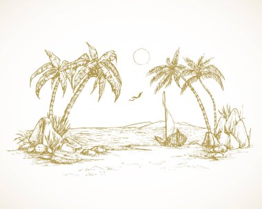 Hand Drawn Tropikal Ada Peyzaj Vektörü İllüstrasyonu. Palmiye ağaçları ve kayıkla deniz manzarası. Robot resim. Plaj beldesi Doodle izole edildi