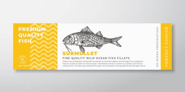 Premium Kaliteli Surmullet Vektör Paket Tasarımı. Modern Tipografi ve El Yazması Balık Silueti Deniz Ürünleri Ürünleri Arkaplan Düzeni