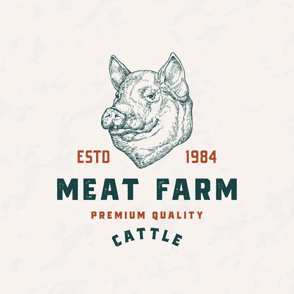Modèle Logo Insigne Rétro Ferme Viande Porc Esquisse Faciale Cochon — Image vectorielle