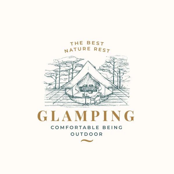 Glamping Recreation Retro Logo Template Hand Drawn Comfortable Outdoor Tent — Vettoriale Stock