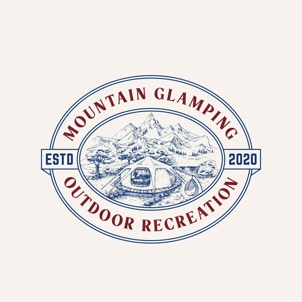 Glamping Recreation Retro Frme Badge Logo Template Hand Drawn Comfortable — Image vectorielle