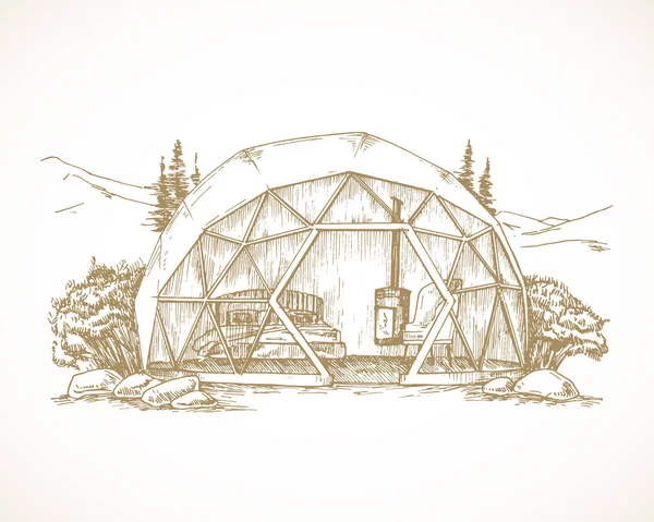Handgetekende Glamping Landschap Vector Illustratie Gezellige Outdoor Vacation Dome Tent — Stockvector