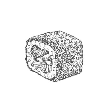 Sushi Maki Soyut Vektör İllüstrasyonu. El yapımı Asya yemeği havyar çizimi ile yükseliş. Japon mutfağı çöreği. İzole edilmiş